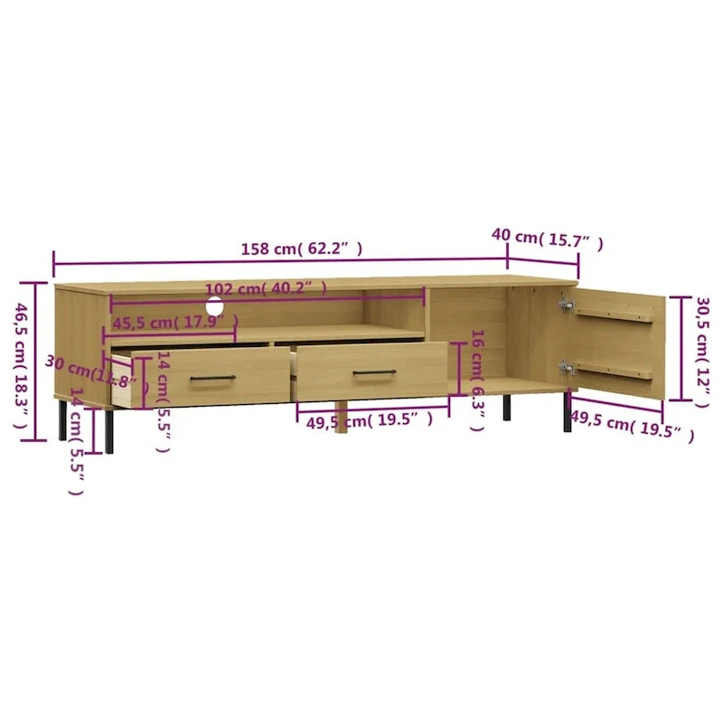 vidaXL TV Stand TV Console TV Console with Metal Legs Solid Wood Pine OSLO - 62.2 x 15.7 x 18.3