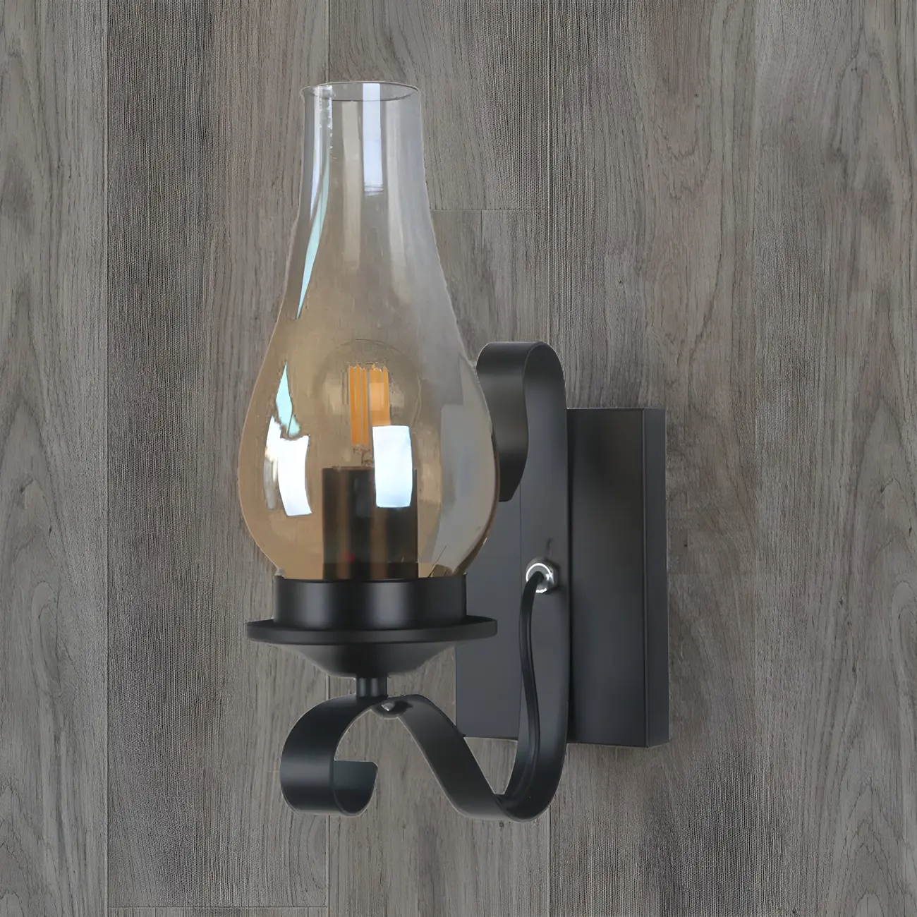 12 Industrial Black Wall Sconce with Amber Shade & LED