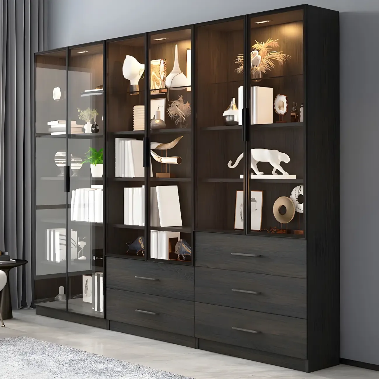 Black Glass Doors Wood Large Display Cabinet with Drawers
