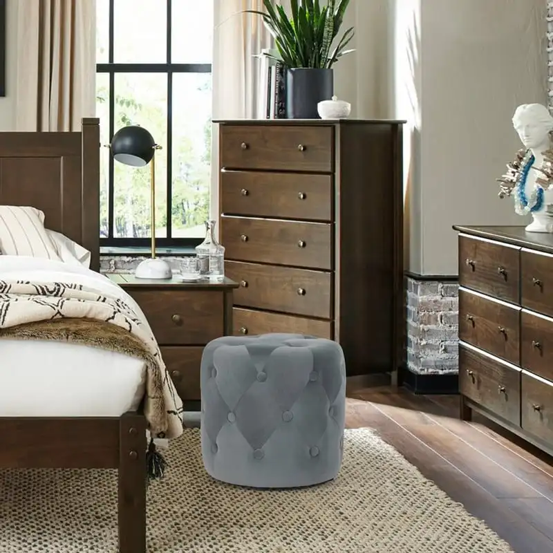 Pink Round Tufted Ottoman Footstool 14 Inch