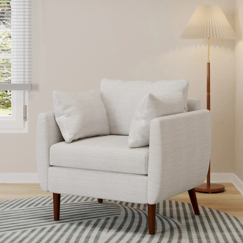 Upholstered Club Chair with 2 Removable Accent Pillows & Tapered Birch Wood Legs