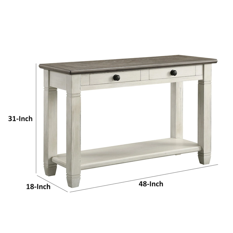Rome 48 Inch Sofa Table, Rectangular, 2 Drawers, White, Brown, Solid Wood