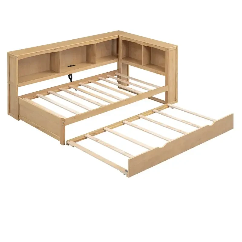 Twin Wooden Daybed with Trundle, Cabinets, and Charging Stations
