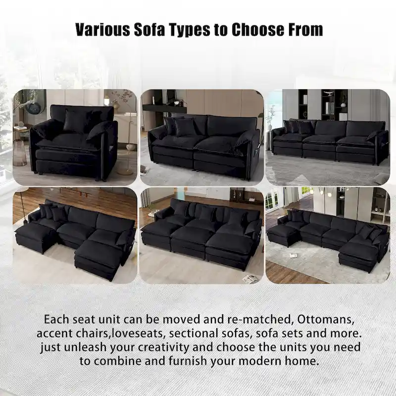 109.45 Chenille Upholstered L-Shaped Modular Sectional Sofa with Double-Layer Cushions, DIY Combination