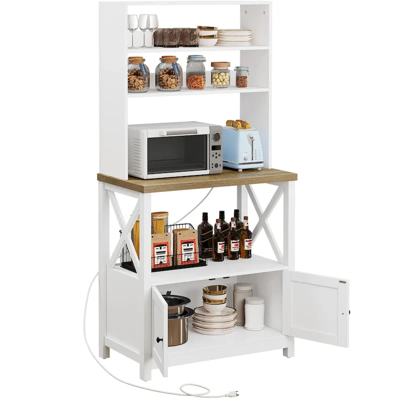 White / Oak 5-Tier Baker's Rack with Cabinet, Power Outlets & USB – 1-Person Assembly