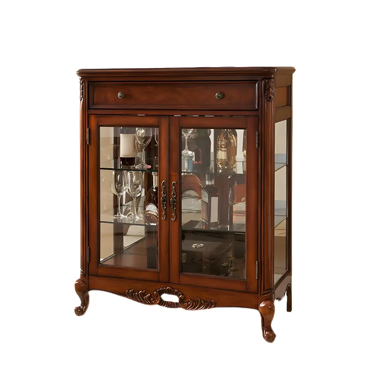 Traditional Wood Brown Glass Shelf Display Cabinet