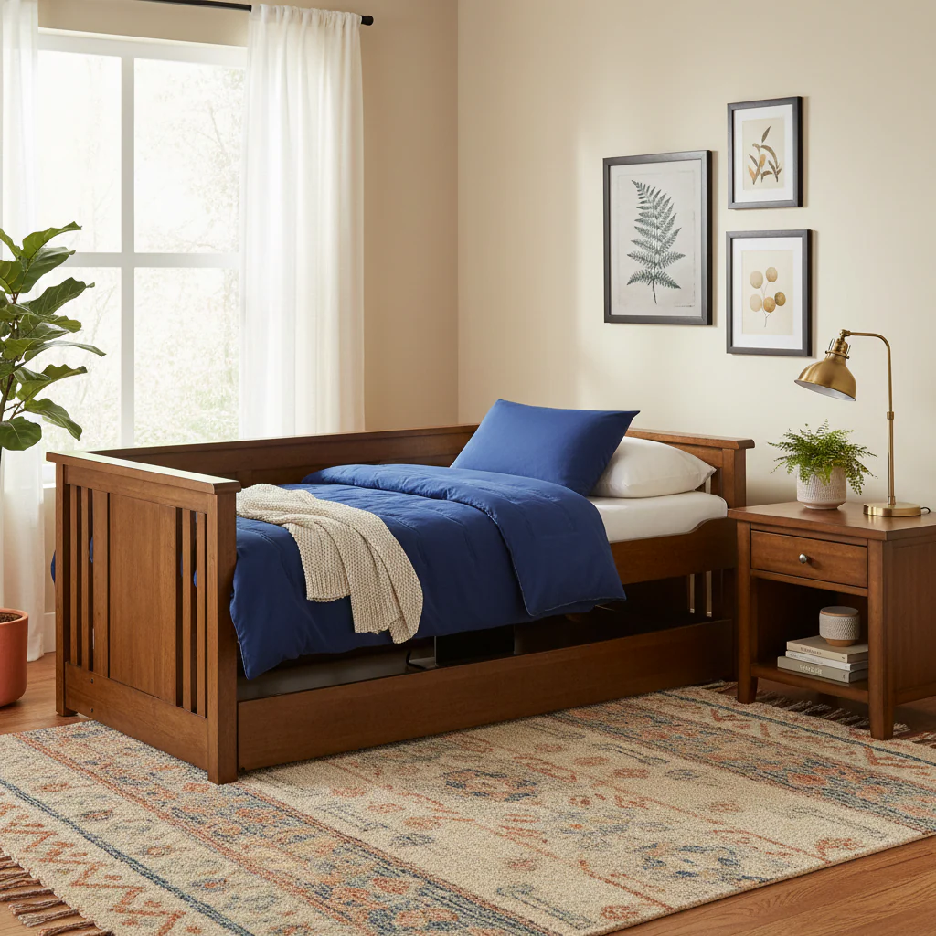 Twin Size Desk Bed, Converts to Bed in Under 1 Minute, USB and AC Outlets, Solid Hardwood, Modern Style, Black Walnut, 1 Person