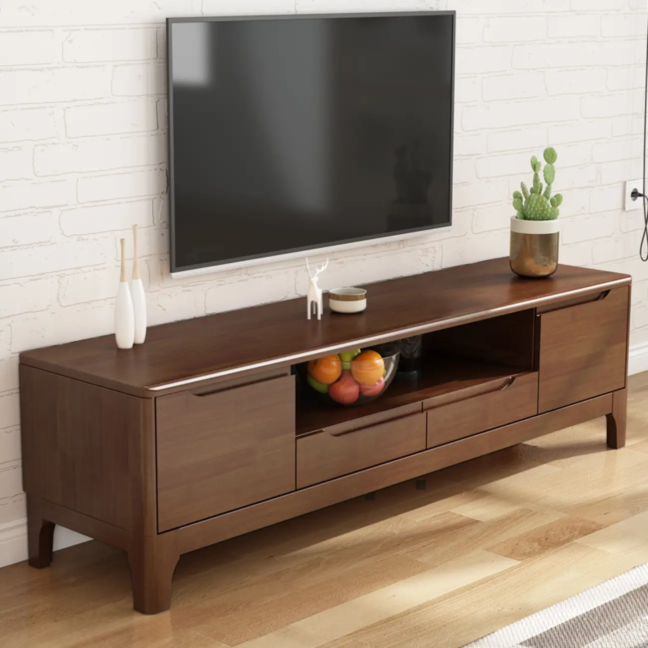 Durable Natural Wooden TV Stand with Cable Management