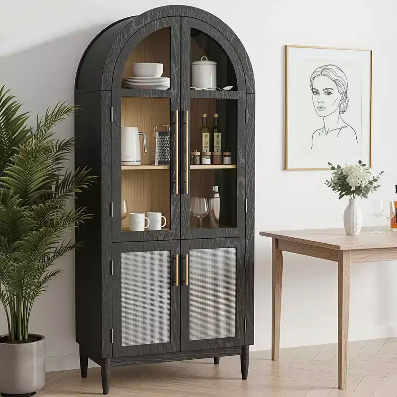 MAYEERTY 71 Tall Arched Storage Cabinet Glass Doors Solid Wood Legs Black