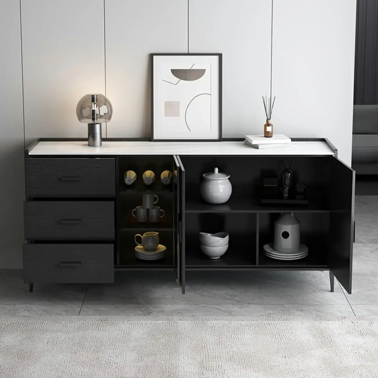 Modern Wooden Sideboard with Cabinets & Wine Rack