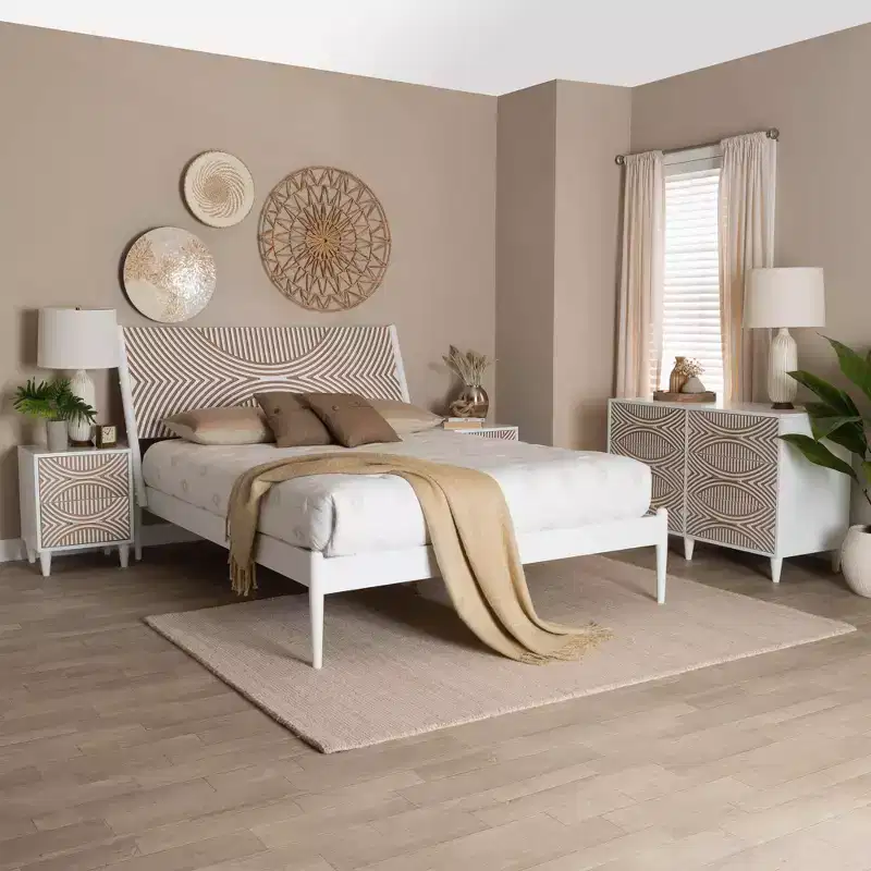 Baxton Studio Queen 4pc Louetta Carved Contrasting Bedroom Set White/Natural Brown