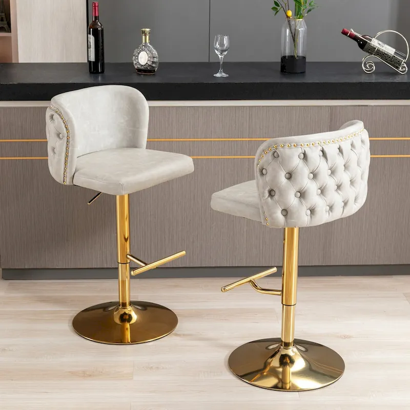 Set of 2 Swivel Adjustable Bar Stools with Tufted Back