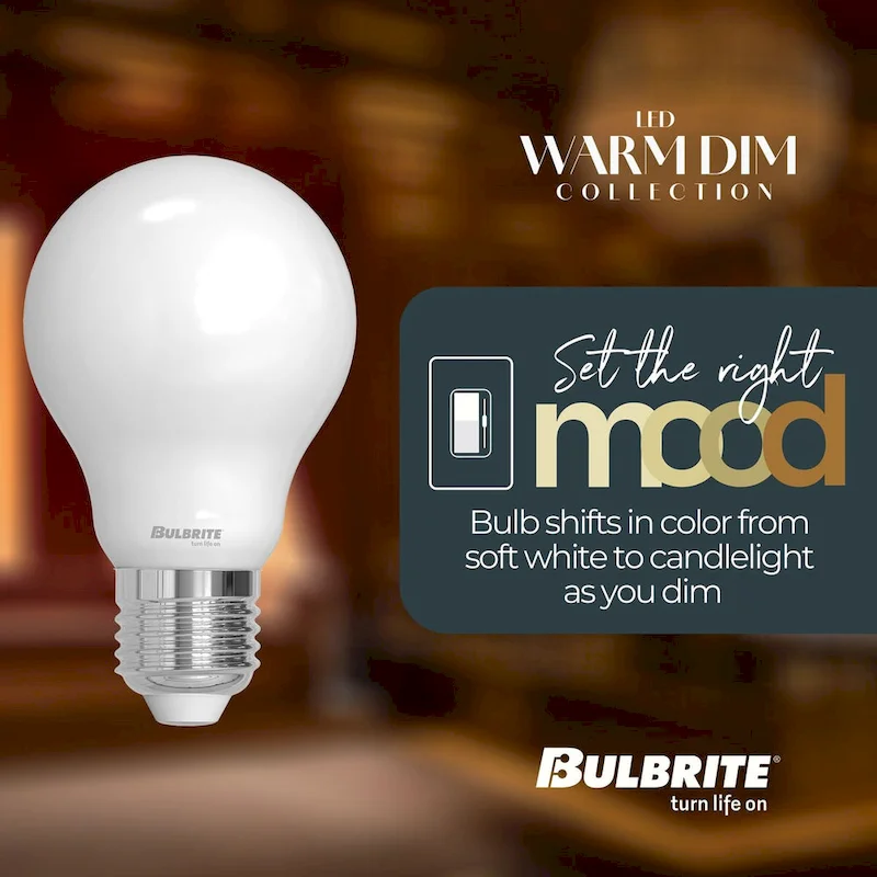 Bulbrite 9 Watt LED A19 Light Bulbs, Warm Dimming 3000K (Soft White) - 1800K (Candlelight), 800 Lumens, (2 Pack) - 2 Pack