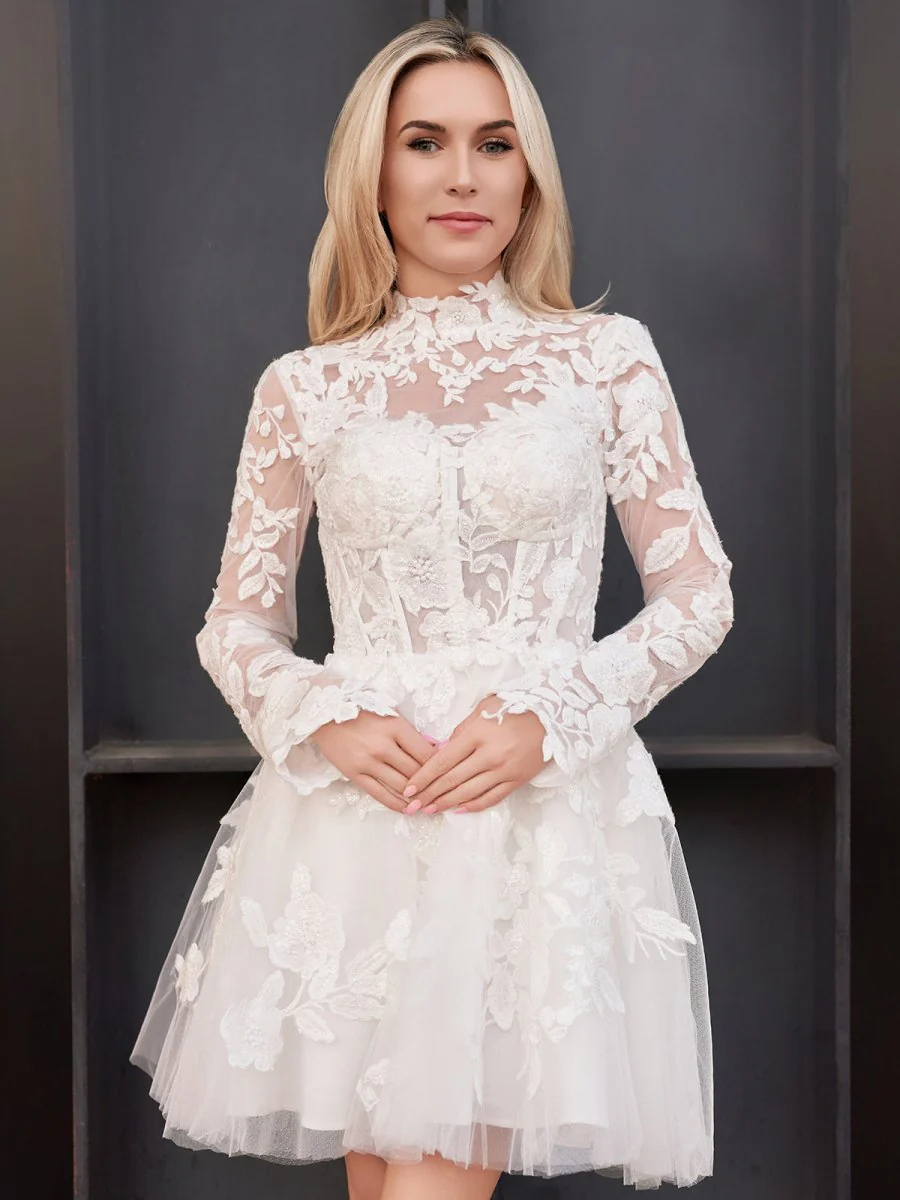Short White A-Line Illusion Neck Long Sleeves Lace Wedding Dresses