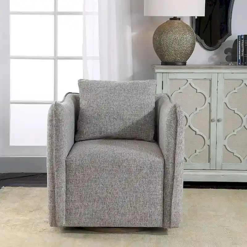 Natural Stone Linen Blend Shelter Arm Swivel Accent Chair with Birch Wood Base – 1 Person