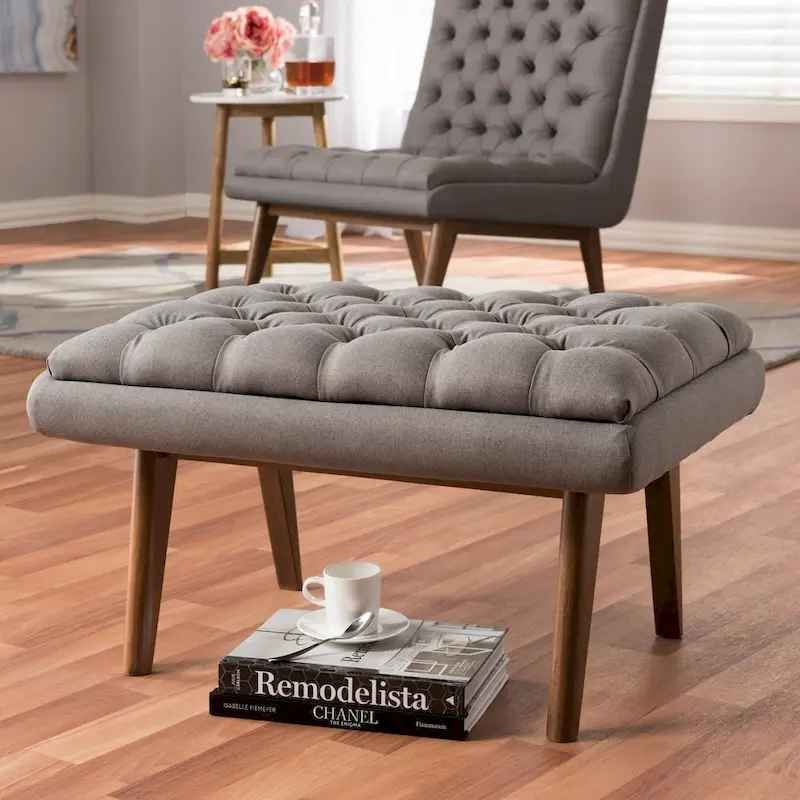 Grey / Black Mid-Century Button-Tufted Ottoman, Single Seat