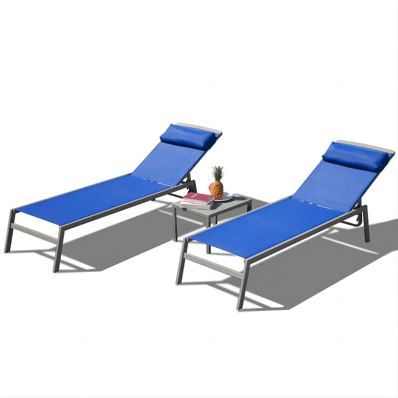 Patio Chaise Lounge Set, 3 Pieces Aluminum Adjustable Pool Lounge Chairs Sunbathing Recliner with Headrest, 1 Table