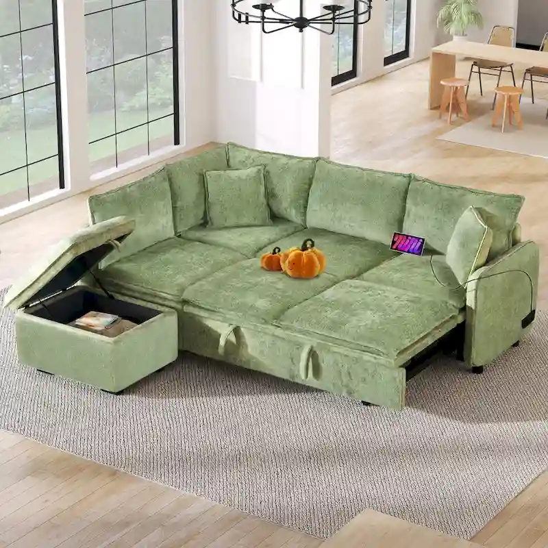 L-Shaped Sectional Pull Out Sofa 4-Seater Convertible Couch with 2 USB Ports Power Sockets and Movable Storage Ottoman