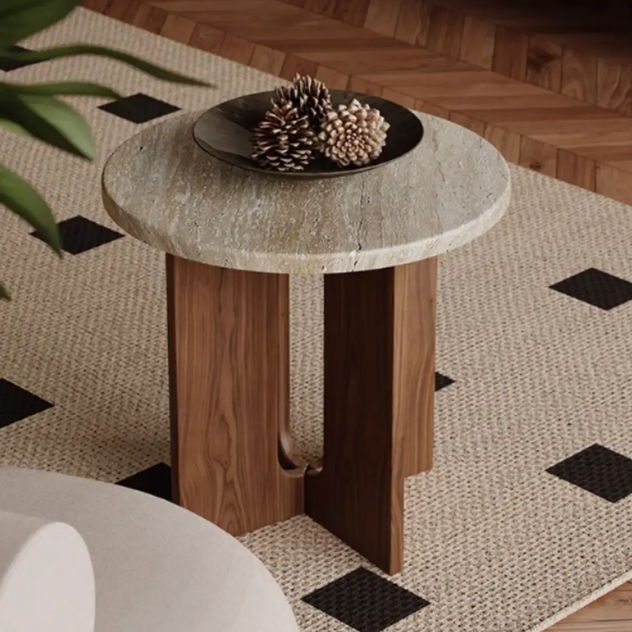 Modern Travertine TOP Round Accent Table with Wood Base