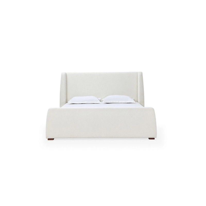 Mosi Queen Platform Bed, Wingback Headboard, White Boucle Fabric Upholstery