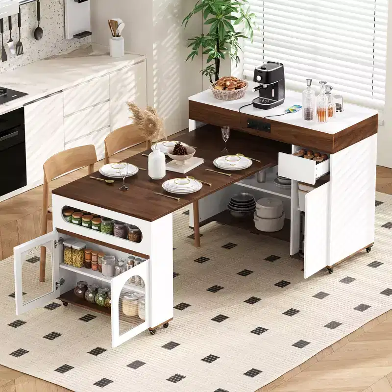 GDFStudio Edith Extendable Dining Table and Rolling Kitchen Island with Drawers