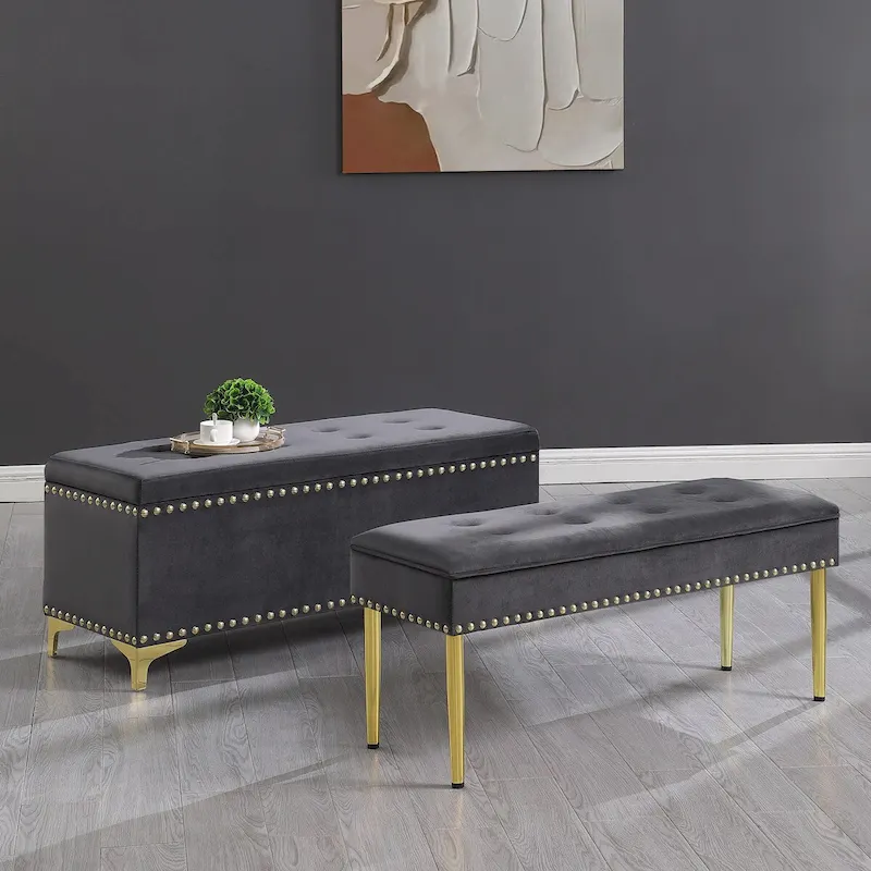 Large Storage Benches Set, Nailhead Trim 2 in 1 Combination Benches, Tufted Velvet Benches with Gold Leg, Support 250lbs