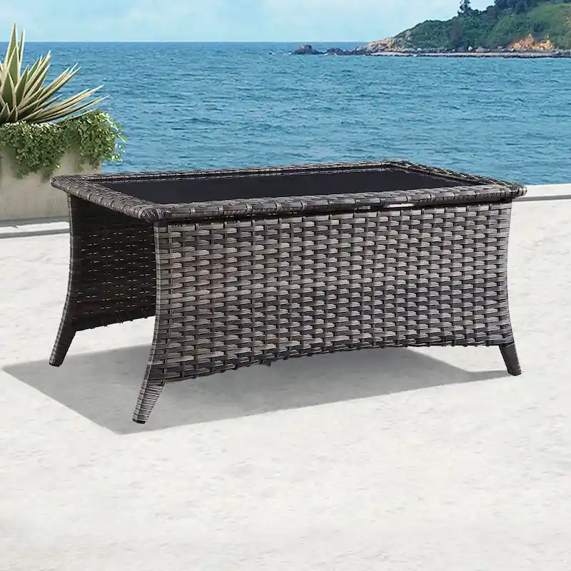 Grey Outdoor Rattan Coffee Table with Tempered Glass Top