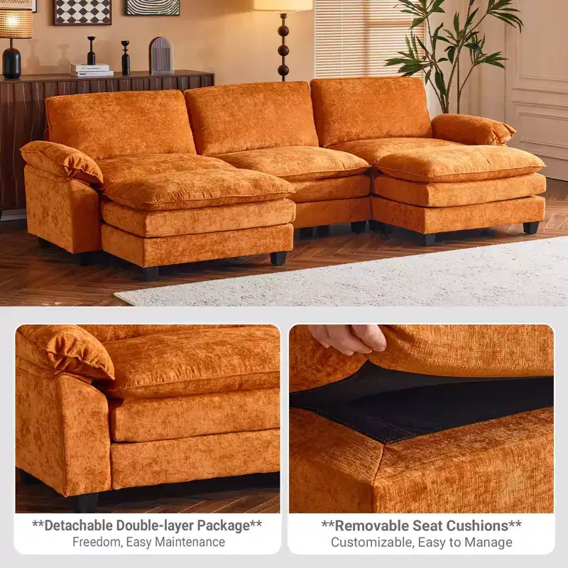 Karl Home |120 in. W Pillow Top Arm Double-layer Cushion Chenille Sofa in Blue With Ottoman