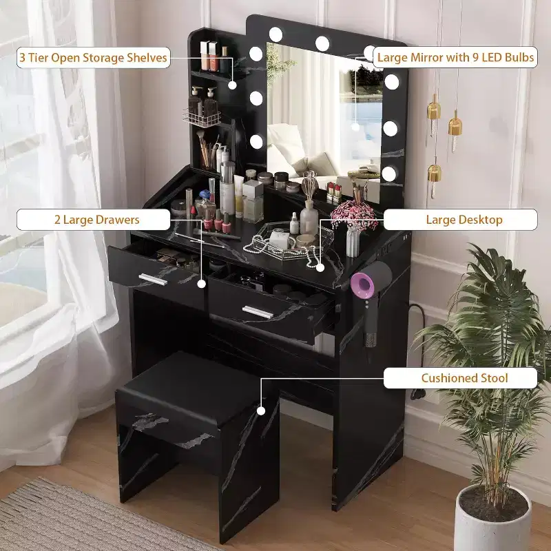 Vanity Desk with Mirror and Lights for Bedroom,Makeup Table with 2 Drawers,3 Light Modes & Dimmable LEDVanity Desk with Mirror and Lights for Bedroom