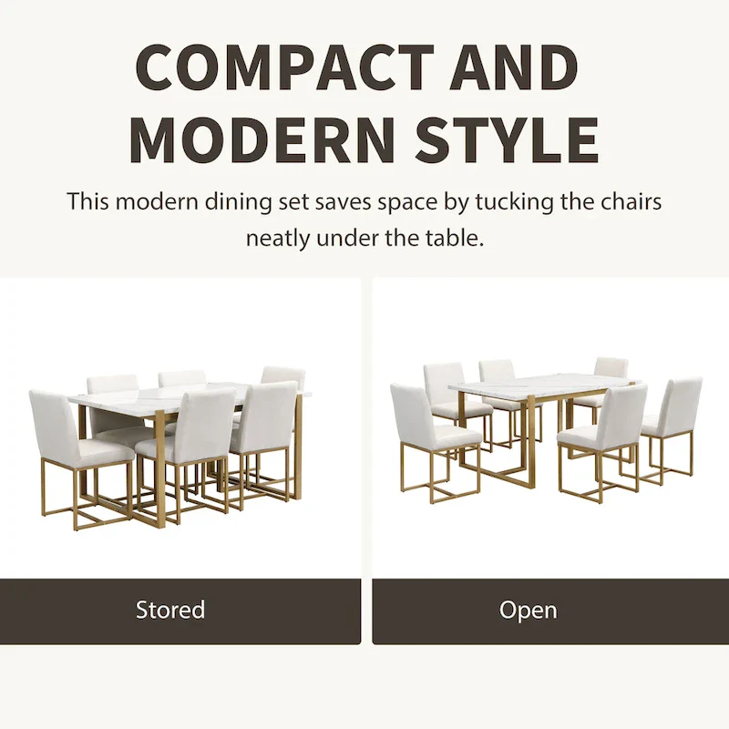 Modern Rectangular Dining Set - Faux Marble Table and 6 Upholstered Chairs