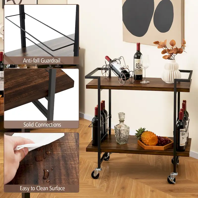 Home Bar Cart 2-tier Home Bar Cart w/ Lockable Wheels &