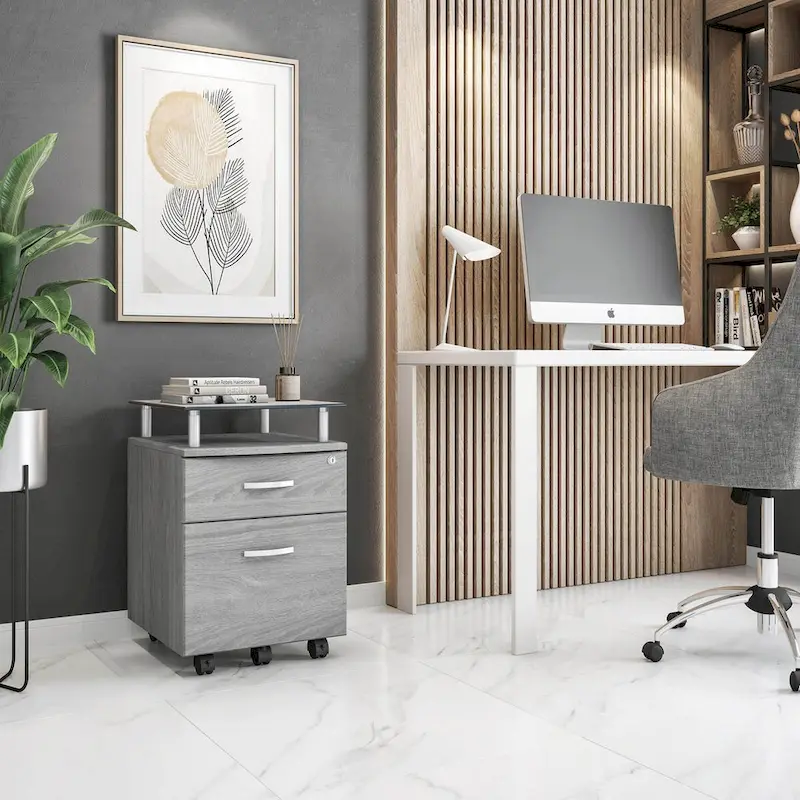 Rolling File Cabinet with Tempered Glass Top & Locking Drawers, Grey, MDF