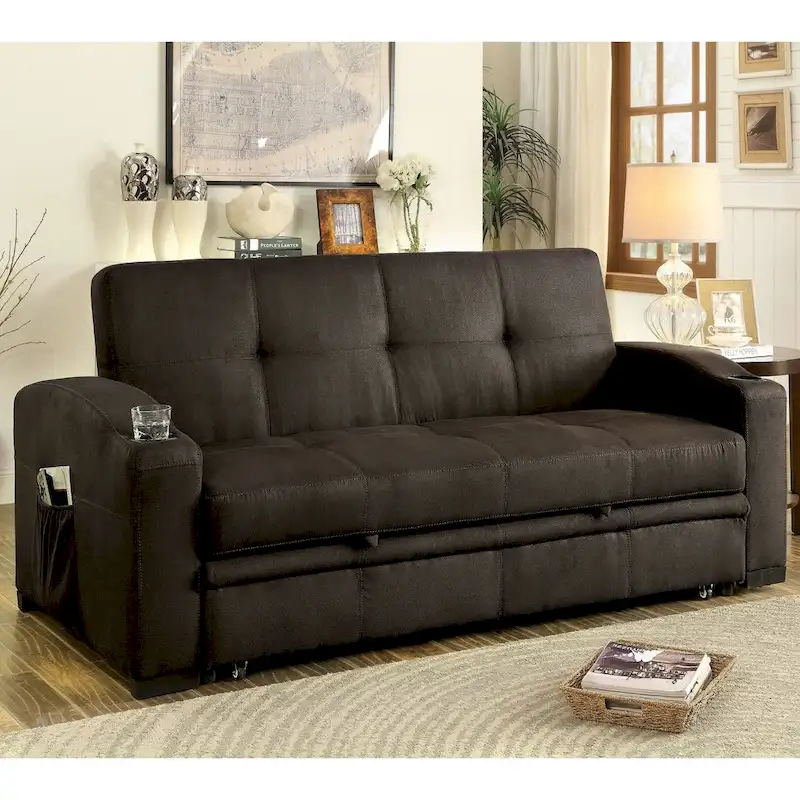 Transitional Brown Fabric Tufted Storage Futon Sofa