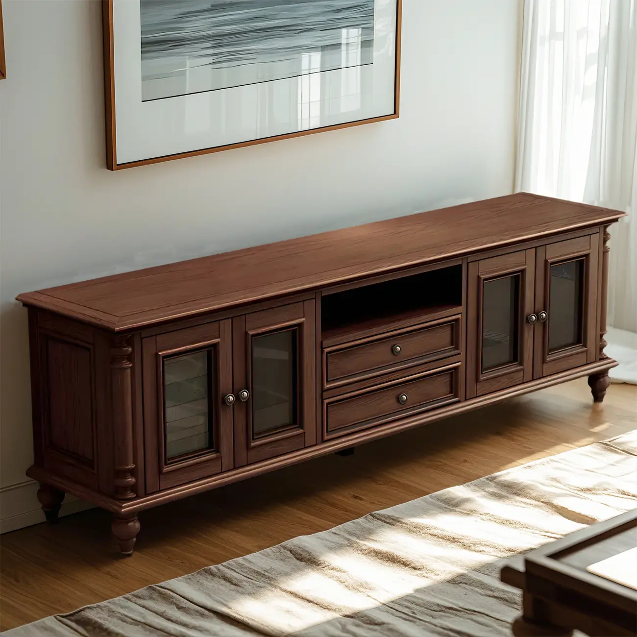 Long Traditional Brown Wooden TV Stand with Cable Management