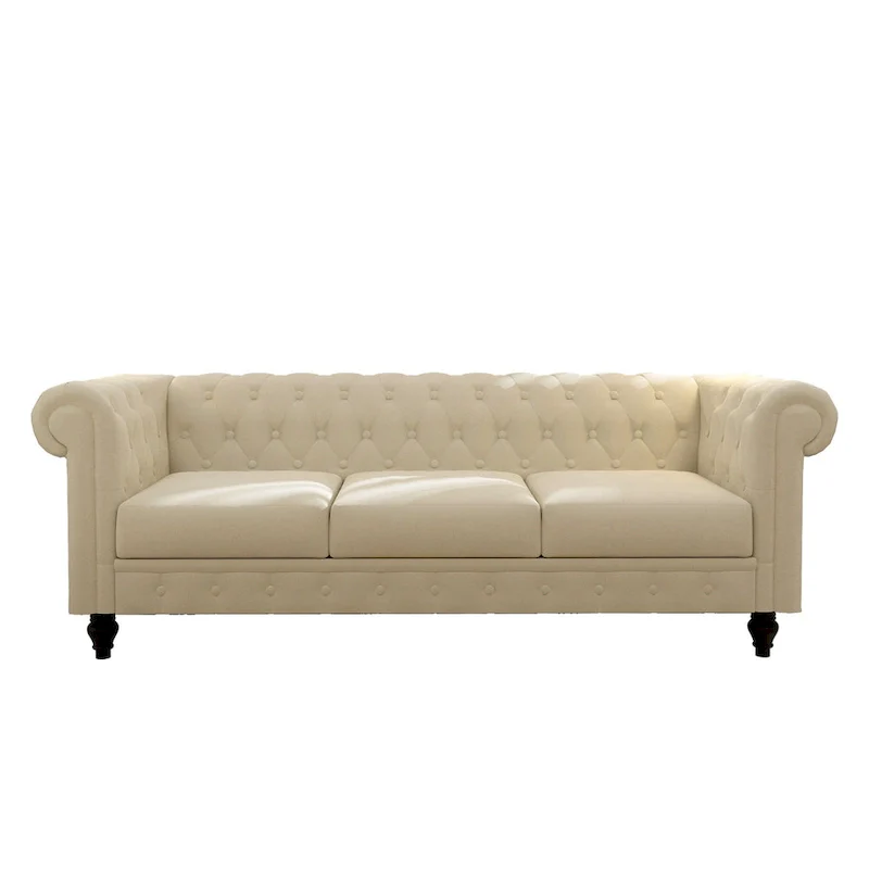 Elegant Beige Chesterfield Sofa - 3-Seater Velvet with Tufted Buttons & Wooden Legs