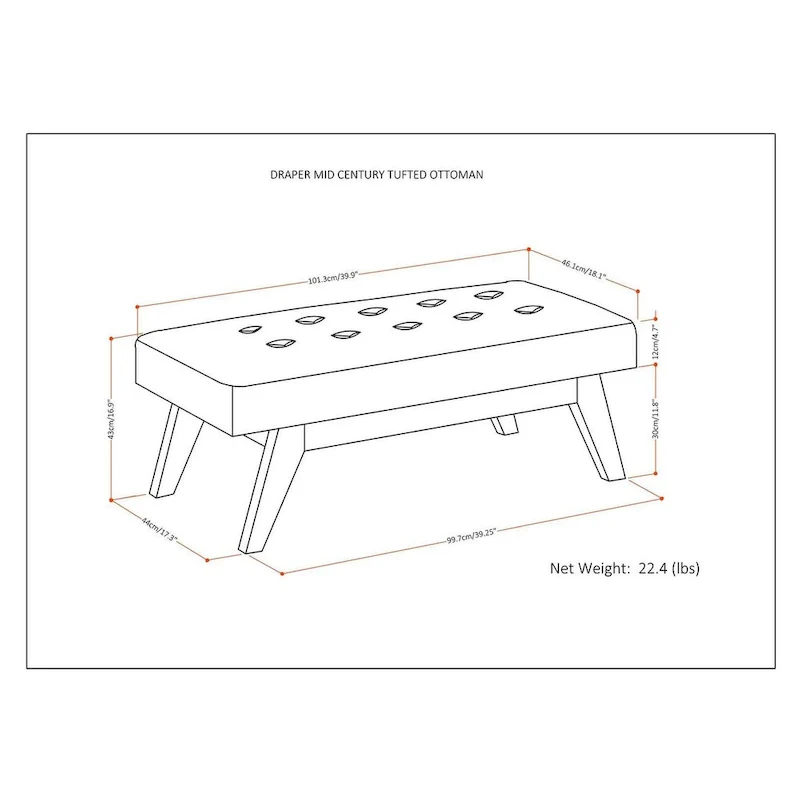 WYNDENHALL Tierney 40 inch Wide Mid Century Modern Rectangle Ottoman Bench