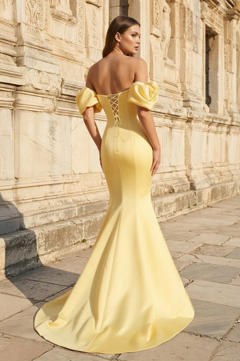 Yellow Satin Strapless Mermaid Pleated Long Formal Prom Dress with Sleeves