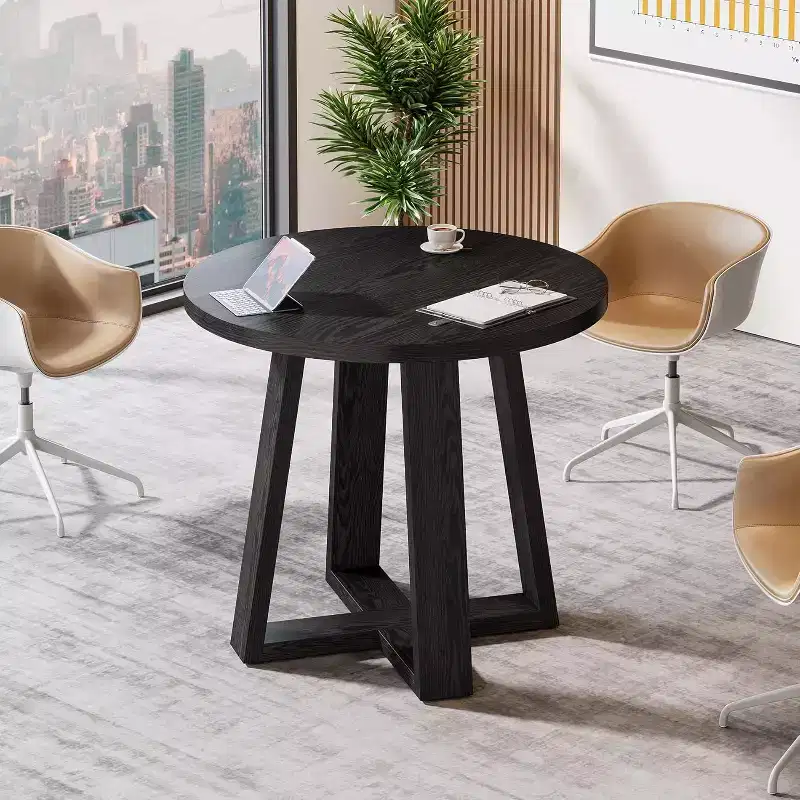Lantine 31.5-Inch Round Conference Table for 2-4 People, Small Wooden Office Meeting Desk with Sturdy Base for Small Spaces, Farmhouse Rustic