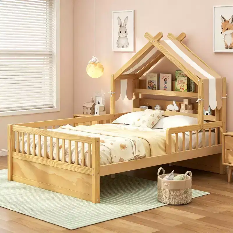Luxystar Full Size Wood House Bed Frame with Storage Headboard Shelf and Canopy for Kid's Room