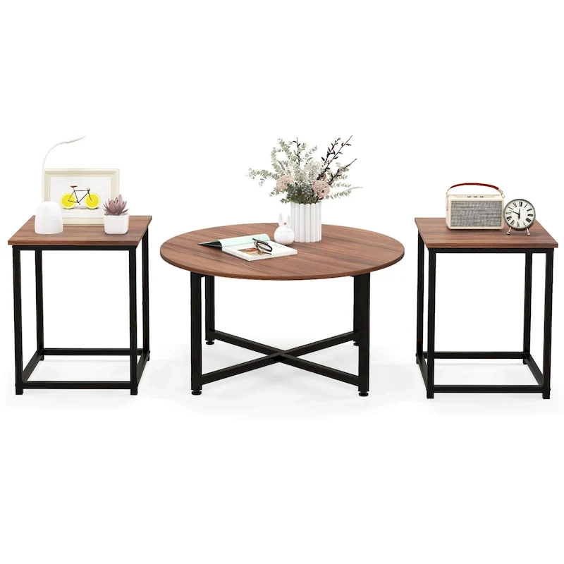 Walnut/White/Grey & Black 3-Piece Coffee Table Set, Round & Square, for Living Room