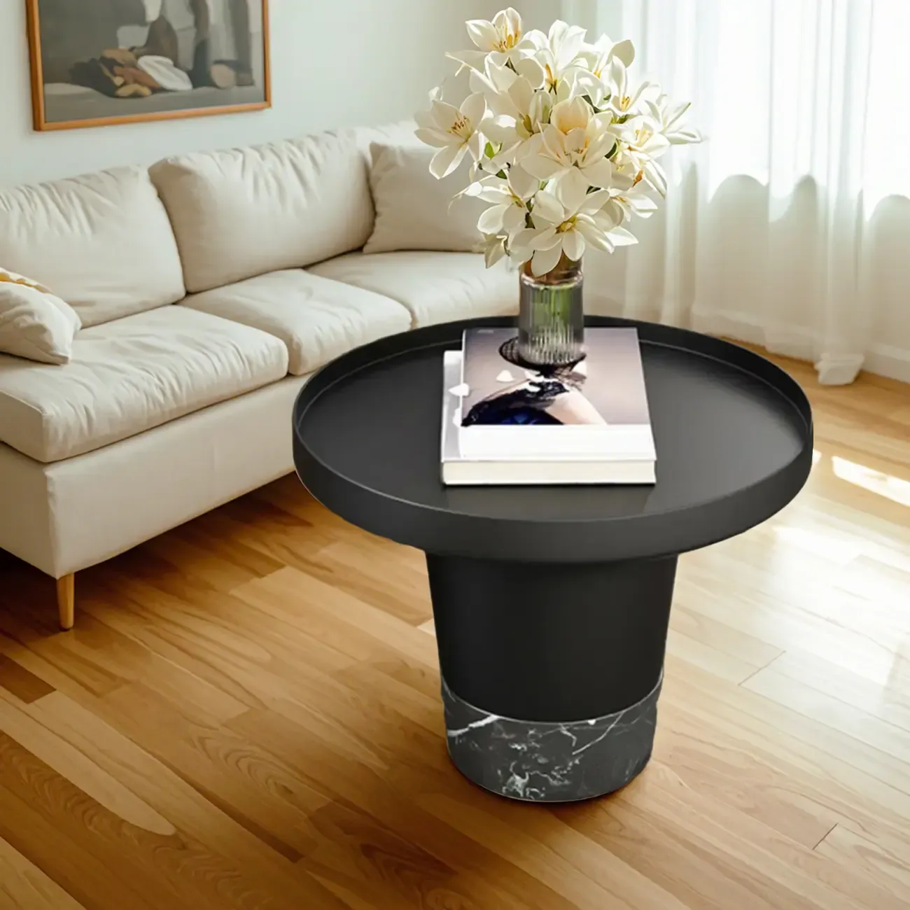 Modern Small Black Round Coffee Table with Marble Base