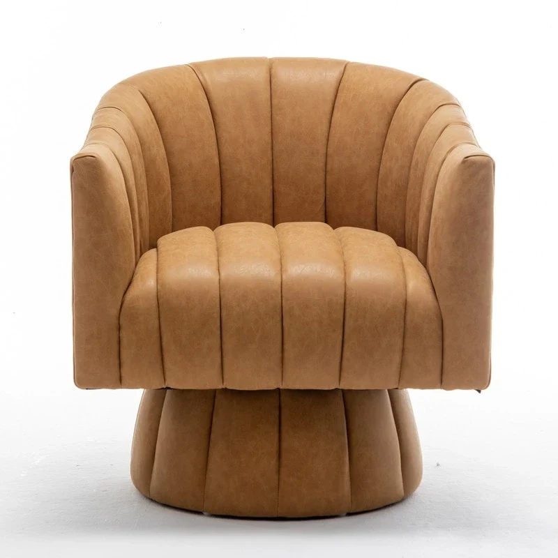 SEYNAR Mid-Century Swivel PU Leather Tufted Round Accent Barrel Chair
