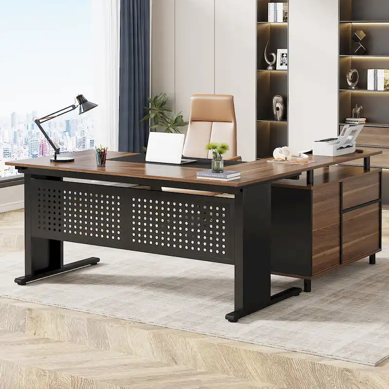 Executive Desk, Large Computer Desk with File Cabinet