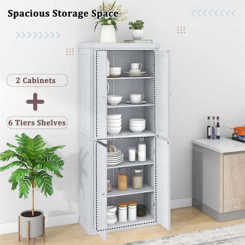 Freestanding Tall Kitchen Pantry,Storage Cabinet Organizer with 4 Doors and Adjustable Shelves