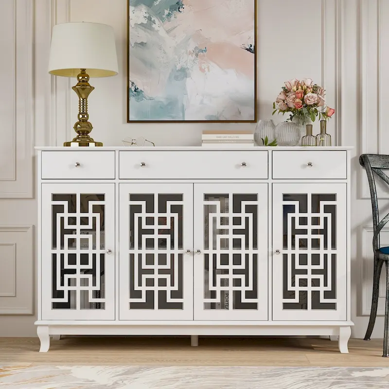 Modern Farmhouse Wood Accent Cabinet with Glass Doors Sideboard Buffet