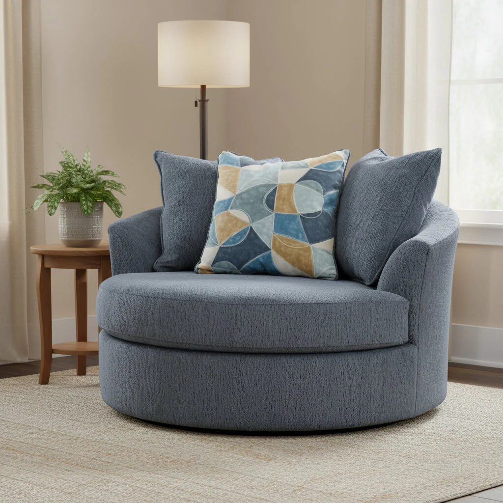 Accent Oversize Chair, 56 Inch, 360 Swivel, 3 Throw Pillows, Blue