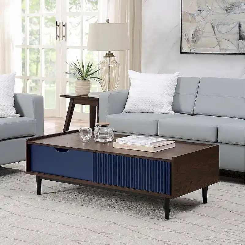 Modern Ribbed Coffee Table with Drawer and Shelf