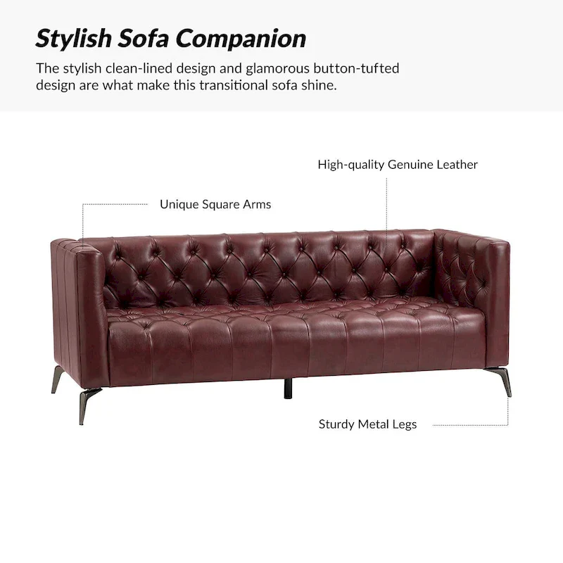 Transitional Genuine Leather Sofa with Metal Legs and Tufted Back