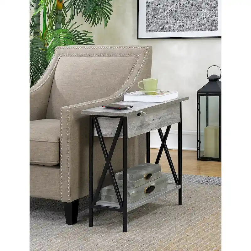 Tucson Flip Top End Table with Charging Station and Shelf