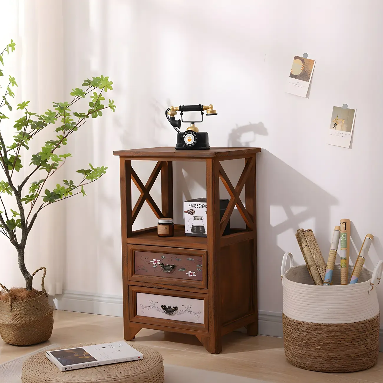 Industrial Rectangular Brown Wooden Drawer Cabinet